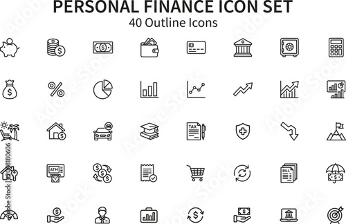 Financial Icons set in outline style for personal finance planning and business growth concepts