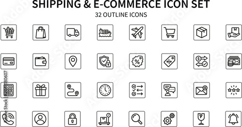 Outline E-commerce and Shipping Icons in a Grid with White Background Vector Illustration