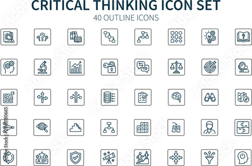Outline icons for critical thinking and problem solving against a white background vector illustration