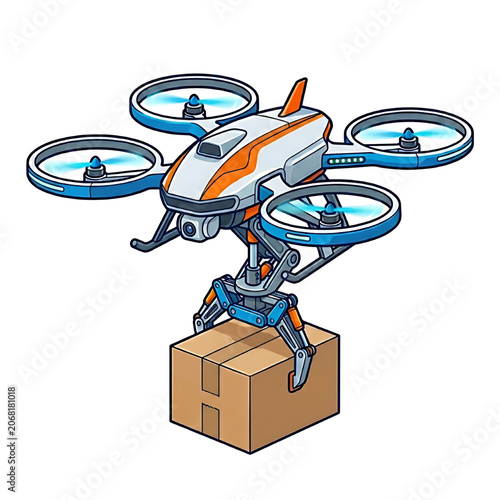 Isometric delivery drone carrying cargo package futuristic quadcopter vector illustration isolated on White background