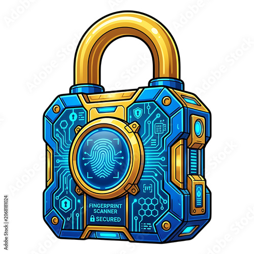 Futuristic biometric padlock with fingerprint scanner cyber security digital illustration, White background.