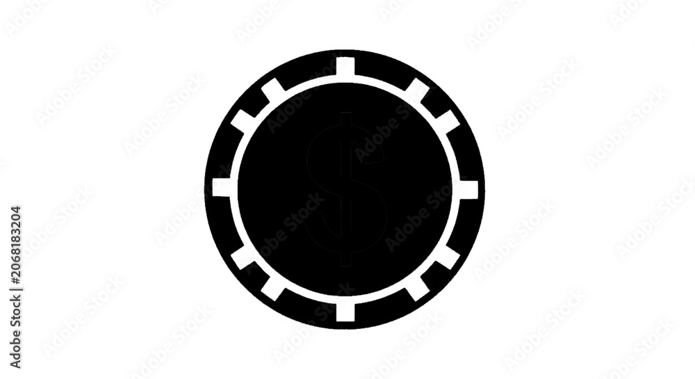 Naklejka premium Minimal black silhouette icon, simple flat vector, bold black shape, no, no shading black and white icon of a casino poker chip with a dollar sign symbol on a, flat icon style