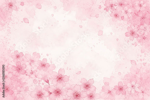 桜の花と水彩の春背景　Cherry Blossom Watercolor Spring Background　和風桜デザインのコピースペース背景　Sakura Flower Border with Copy Space　桜フレームの淡いピンク背景素材　Pink Sakura Floral Frame Background