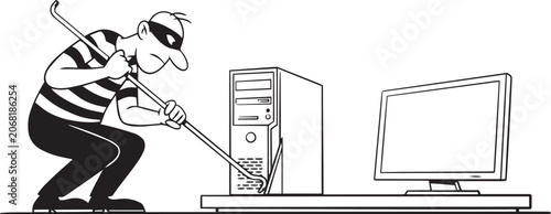 Canvas Print Thief in black and white illustration breaking into computer system with crowbar