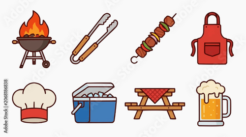 Collection of barbecue icons, including a grill with flames, tongs, a skewer of meat and vegetables, an apron, a chef's hat, a cooler, a picnic table, and a mug of beer.