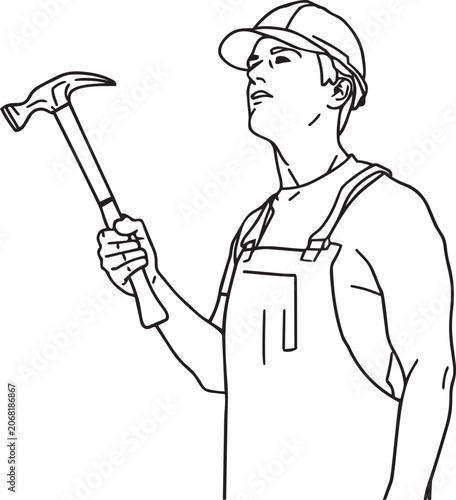 Man wearing overalls and a cap holding a hammer