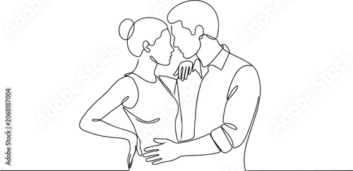 Continuous line drawing of a romantic couple sharing a tender kiss