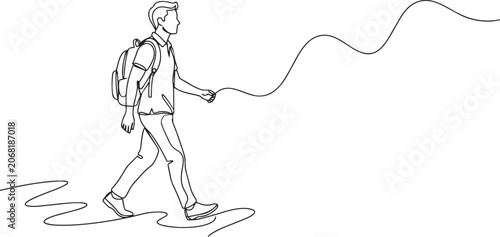 A man walking with a backpack and a leash