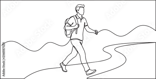 Continuous line drawing of a man walking with a backpack on his back