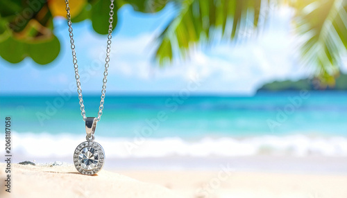 Silver jewelry on sandy beach with beautiful ocean background