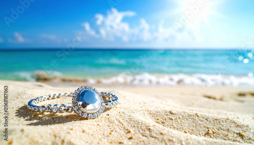 Luxury silver jewelry on tropical beach with copy space