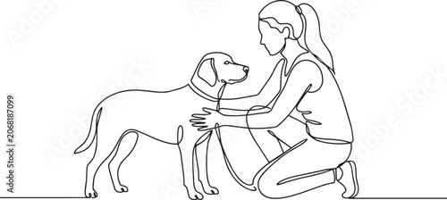 Woman kneeling down and petting a dog in a single line drawing style