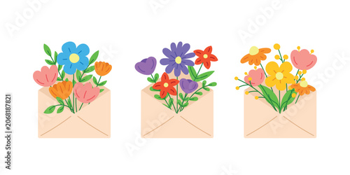 Photos Set of flat envelopes with wildflowers on white background for greeting cards, w