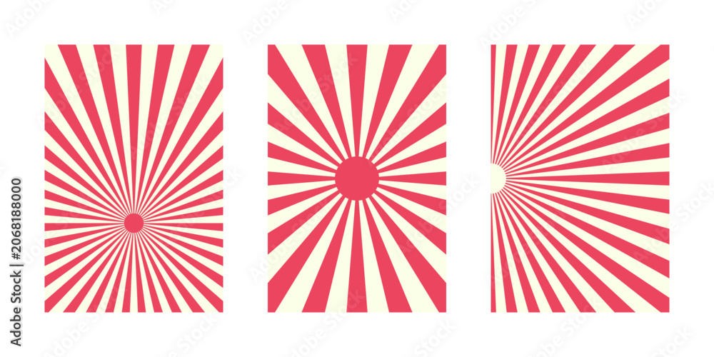 Obraz premium Set of Three Red Sunburst Backgrounds with Radial Rays for Retro Graphic Design and Japanese Style Posters