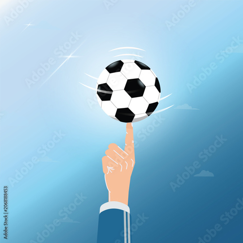 Vector illustration of a hand spinning a soccer ball on one finger against a blue sky background