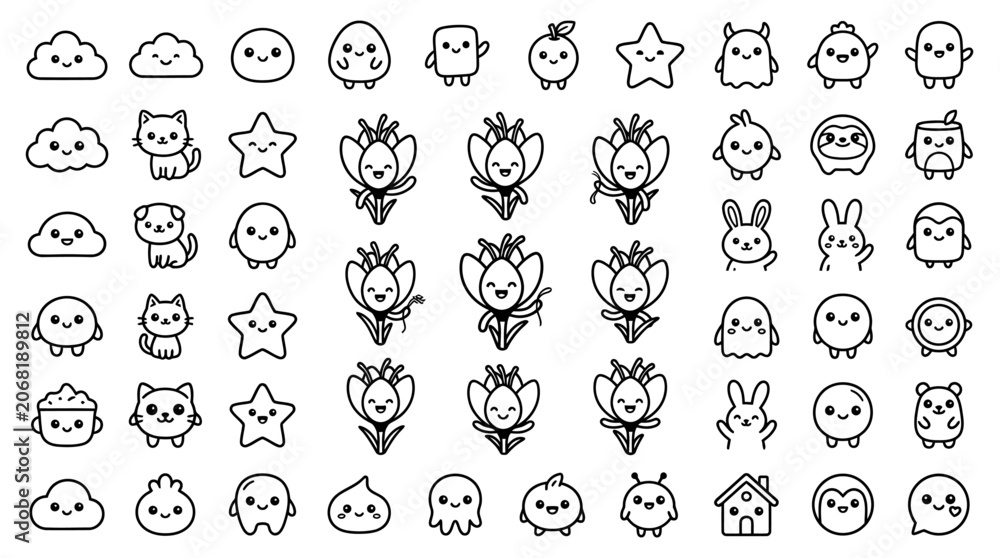 Fototapeta premium Cute Doodle Characters Collection: Kawaii Animals, Monsters, Clouds, Stars, Flowers, Houses