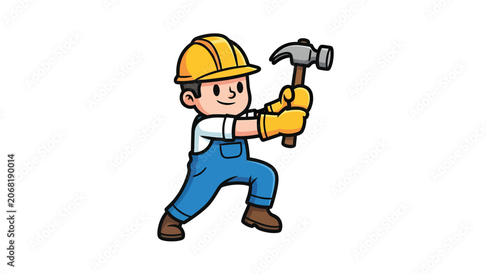 Fototapeta premium Cartoon construction worker holding a hammer and wearing a hard hat and overalls.