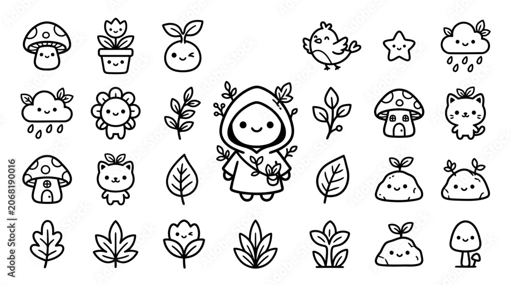 Fototapeta premium Cute Kawaii Nature Elements: Character, Animals, Plants, Weather Icons