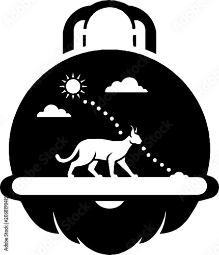 Silhouette of a cat walking under a sun and clouds.
