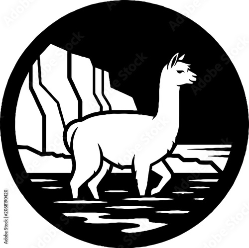 Llama standing near rocky cliffs and water illustration.