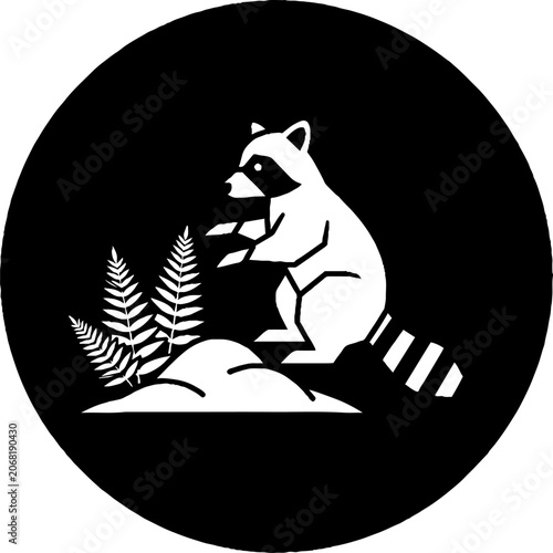 Raccoon sitting on rock with fern illustration.