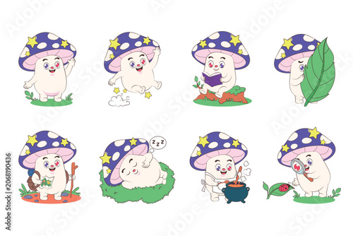 Cute magic mushroom vector mascot set in flat comic style with stars, spots, and leaves for dreamy fairy tale children story concept isolated on white background.