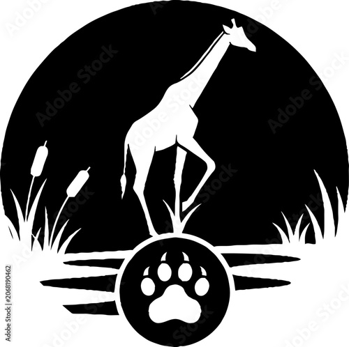 Silhouette of giraffe and bear paw print design.