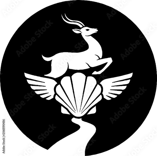 Stylized Deer Emblem with Wings and Shell Design.