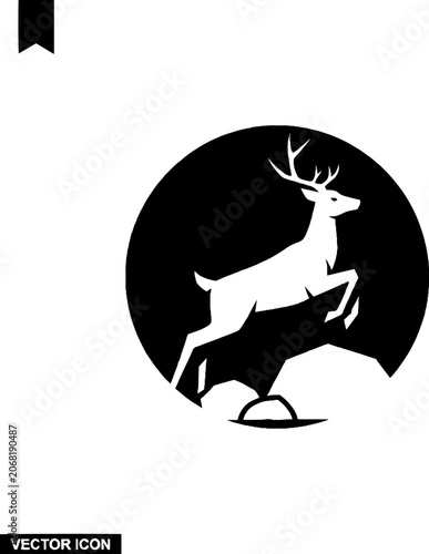 Silhouette of a leaping deer in circular frame.