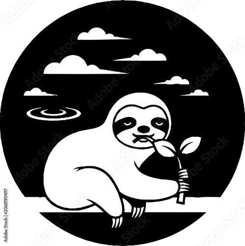 Cute Sloth Eating Leaf in Moonlit Scene.
