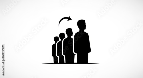 Silhouette of people in a line with an arrow indicating movement forward.