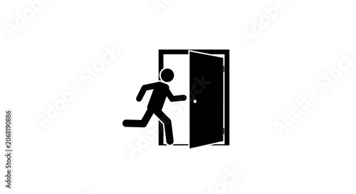 Silhouette of a person running out of an open door symbolizing escape or exit.