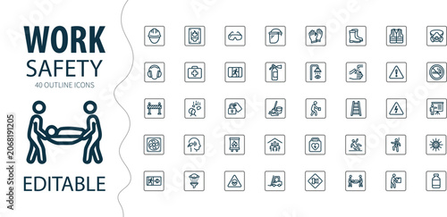 Work safety editable outline icons with safety equipment and hazard symbols on white background vector illustration
