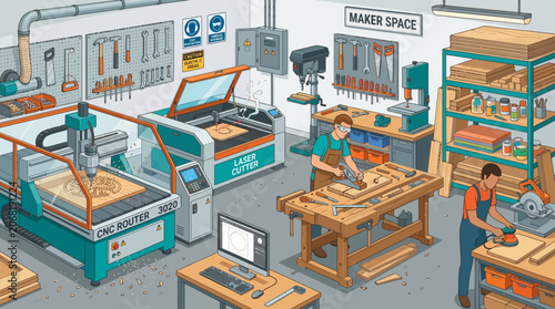 Industrial interior design isometric vector illustration showing tools and industrial equipment in factory office and urban architecture setting