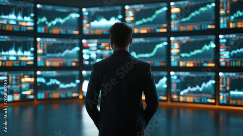 Silhouette of a businessman looking at wall of glowing financial trading screens