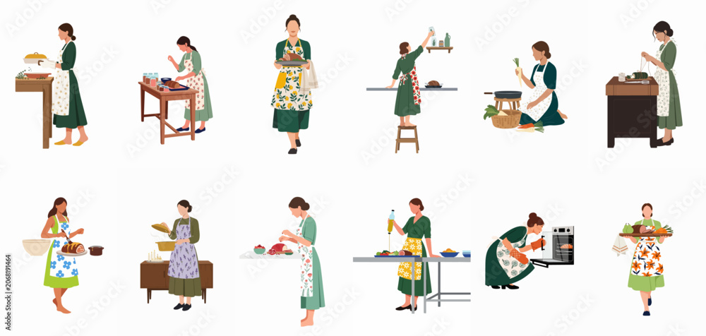 Naklejka premium Flat illustration set of women in floral aprons cooking, baking, and preparing various delicious meals in a domestic kitchen setting.