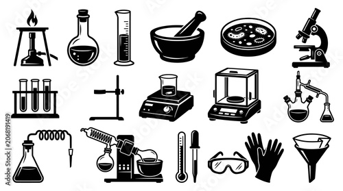 Collection of Science Laboratory Equipment Black and White Line Art Glyphs for Chemistry and Biology Research