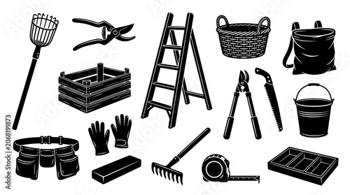 Black and White Line Art Garden Tools Collection: Pruners, Ladder, Basket, Gloves, Saw