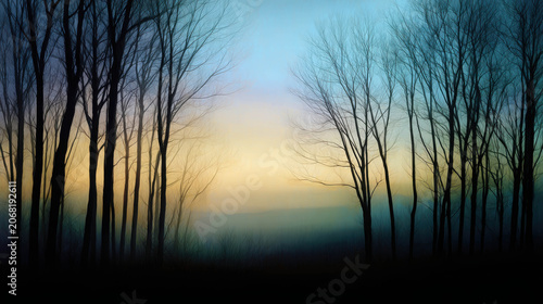An ethereal forest scene at twilight, with silhouetted trees against a sky of soft blue, yellow, and grey hues