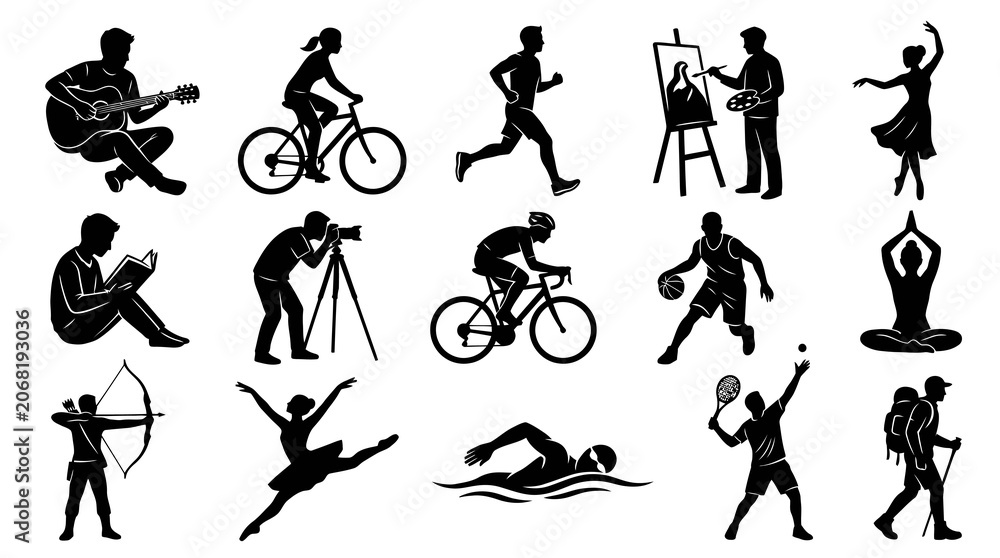 Fototapeta premium Diverse Activities Silhouette Icons: Music, Sports, Art, and Yoga