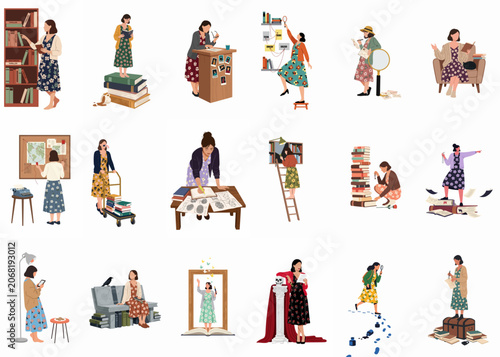 фотографія Flat illustration set of women as mystery authors, detectives, and avid readers exploring stories, investigating clues, and surrounded by books