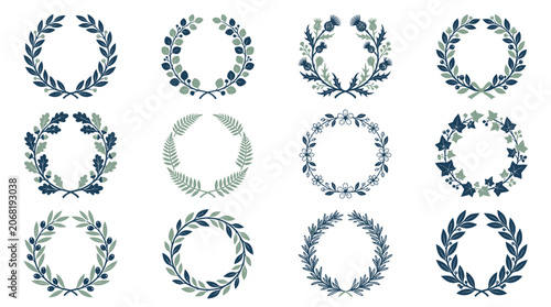 Tableau sur toile Collection of blue floral laurel wreaths.