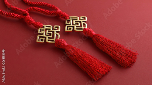 Traditional Chinese knot with red tassel decoration, symbolizing luck and prosperity