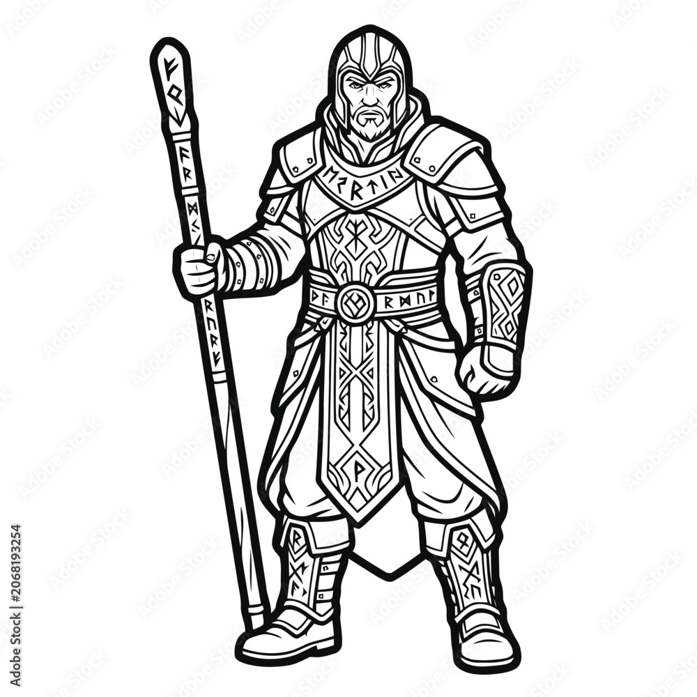Obraz premium Hand Drawn Line Art Illustration of a Nordic Viking Warrior in Ornate Armor Holding a Ritual Staff