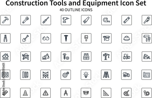 Construction Tools and Equipment Icon Set with 40 Outline Icons for Industry Projects