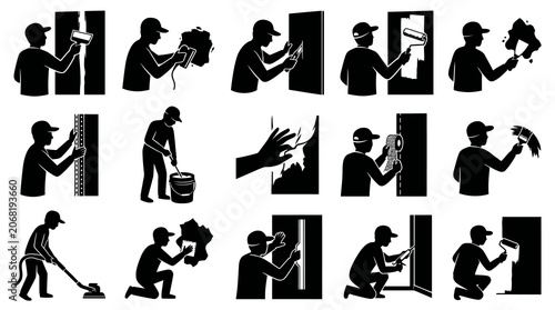 Construction and Home Renovation Worker Tasks Silhouette Icon Set for Wall Repair, Painting, and Plastering
