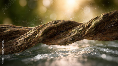 Twisted vines entwined over a watery surface, bathed in soft, glowing sunlight
