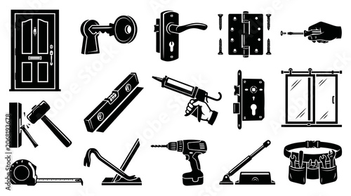 Home Improvement Construction Door Window Hardware Tools Black  White Glyph Icons Set