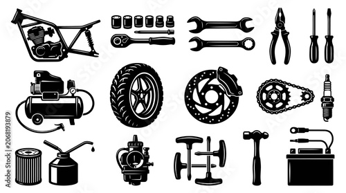 Motorcycle Repair Tools and Parts Black and White Vector Icons Set