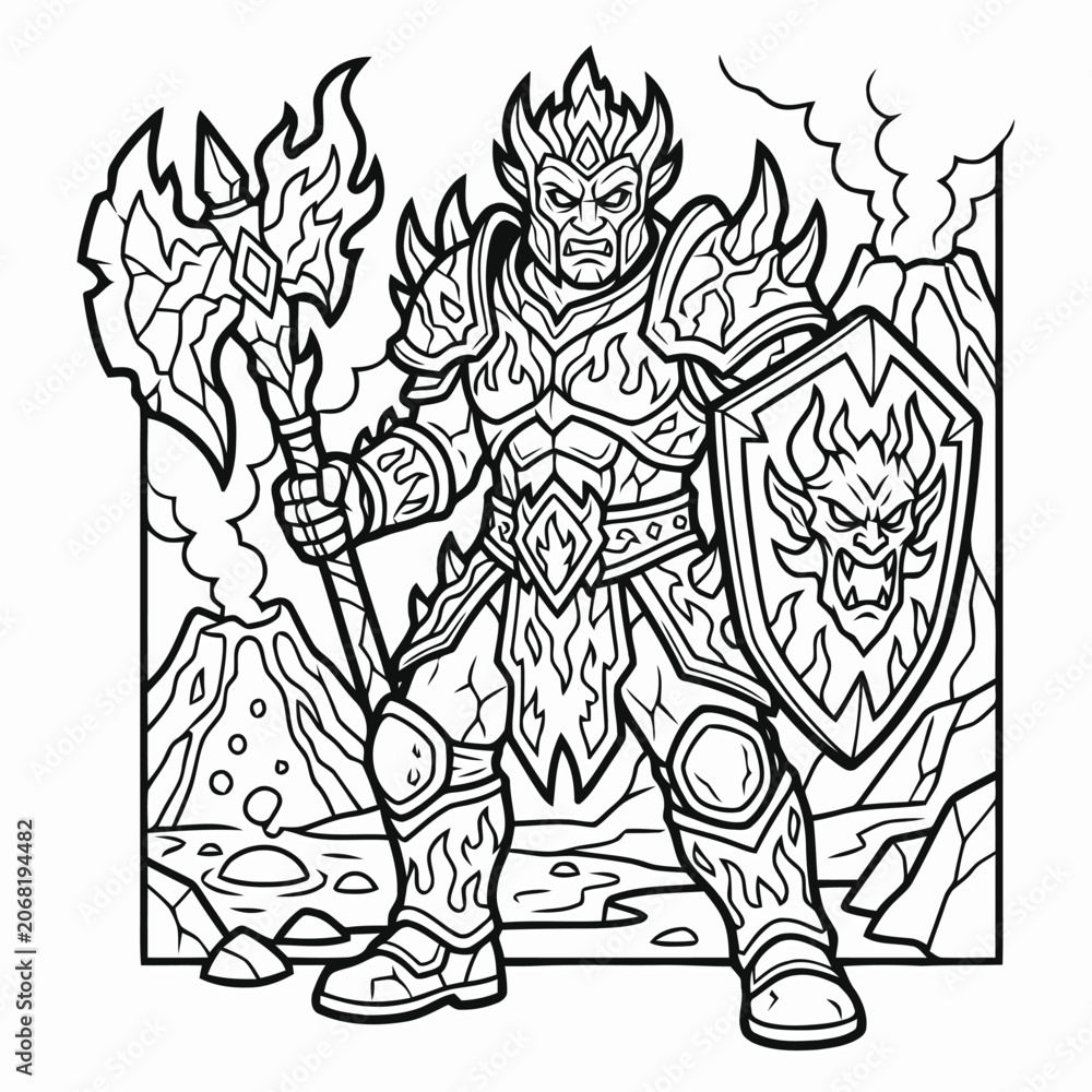 Fototapeta premium Detailed Fantasy Warrior in Ornate Armor with Battle Axe and Dragon Shield in Volcanic Landscape Line Art